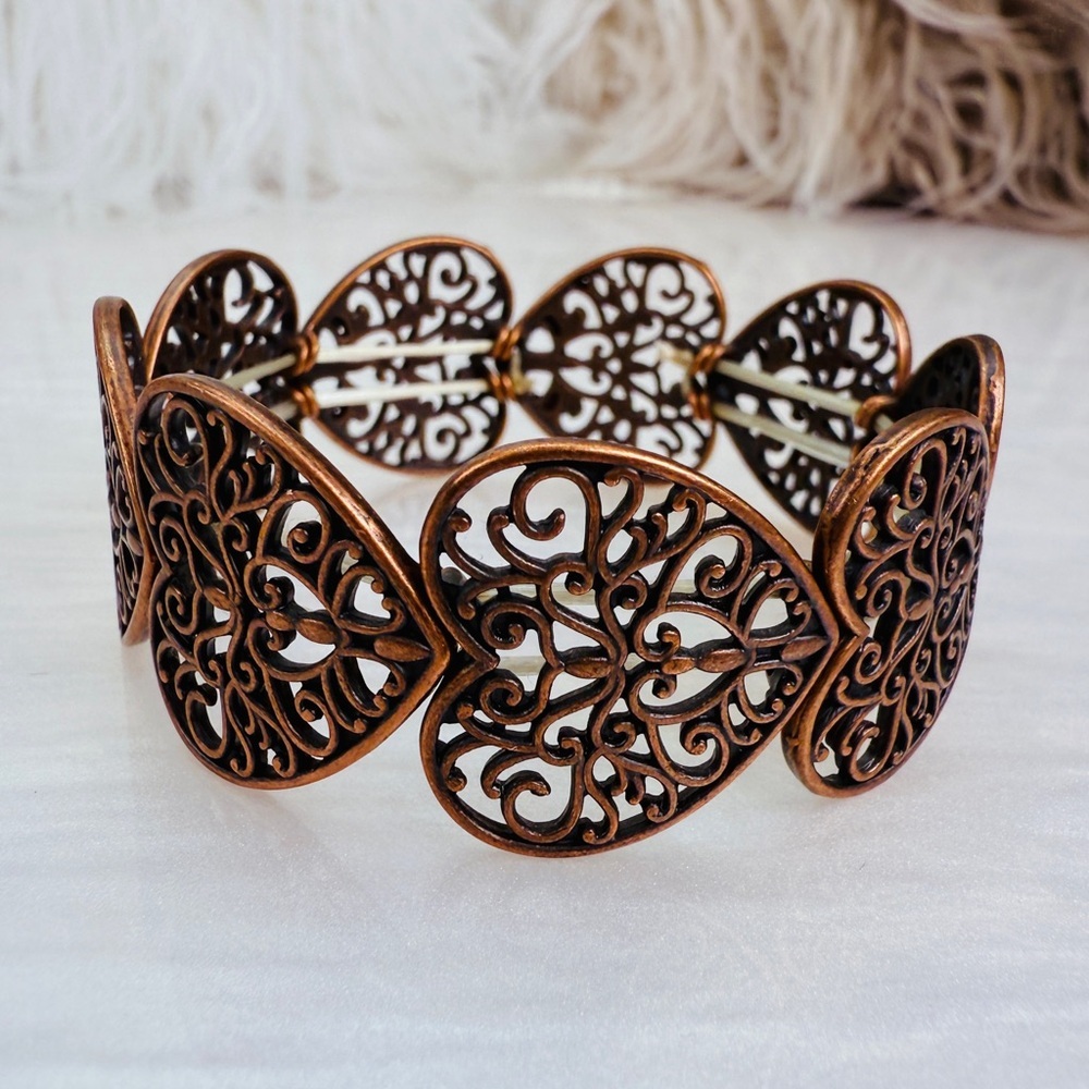 Copper tone Heart Filigree Stretch Bracelet - Picture 13 of 14